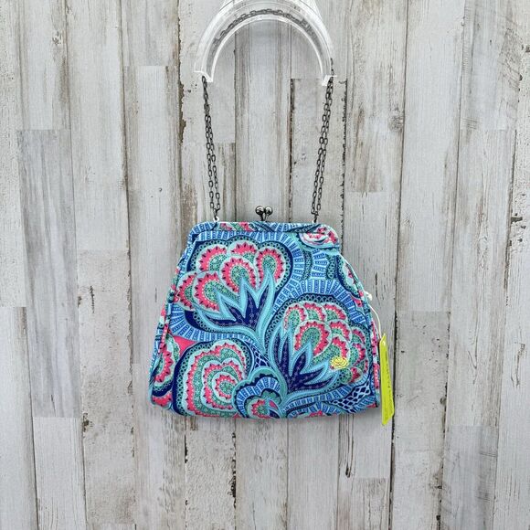 New Amy Butler Nora Clutch With Chain Oasis Azure Tropical Kiss Lock Closure - Picture 16 of 16